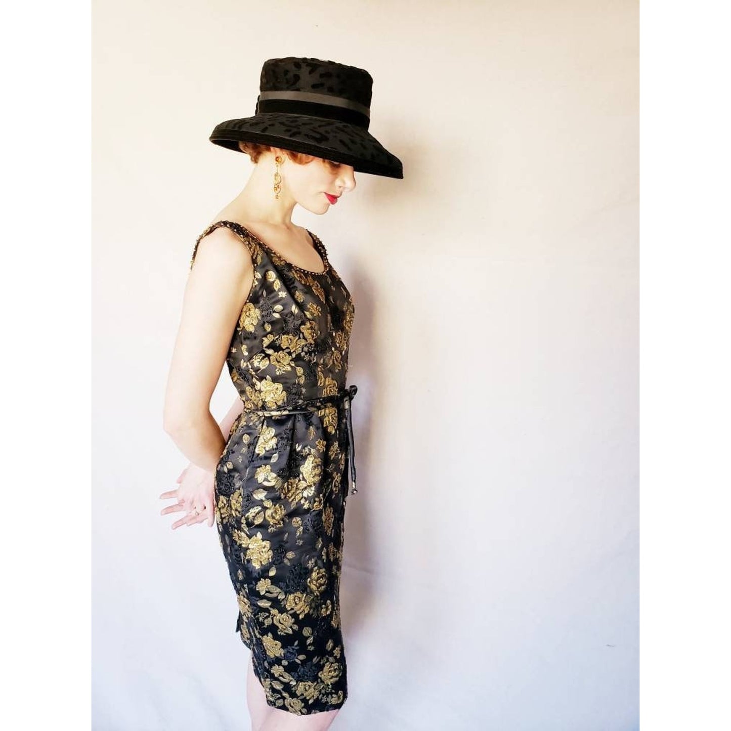 Vintage 1960s Cocktail Dress Black Gold Floral Beaded Brocade Sleeveless Wiggle Party Dress Ornate S