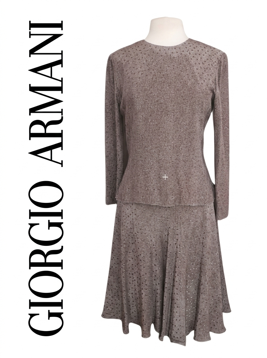 Vintage 1980s Giorgio Armani Dress Gray Silk Abstract Print Midi Long Sleeve