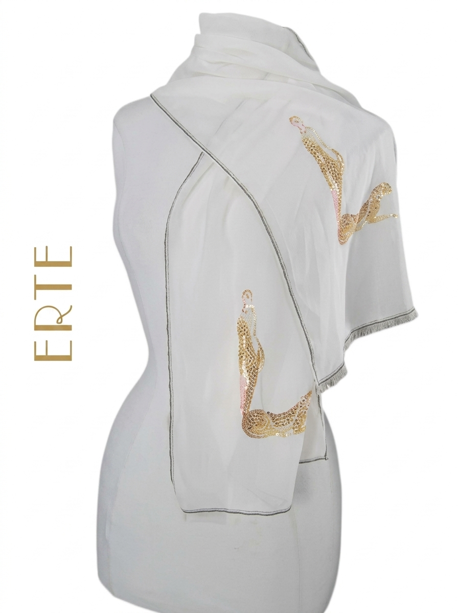 Vintage 1980s Erte Silk Scarf White Gold Art Deco Leopard Lady Letter L Femme Panthere