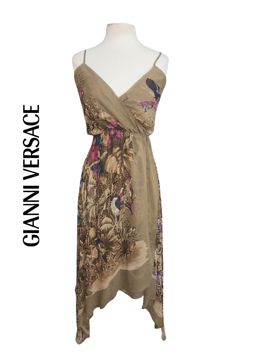 Vintage 1970s Gianni Versace RARE Dress Silk Tropical Parrot Print Spaghetti Straps