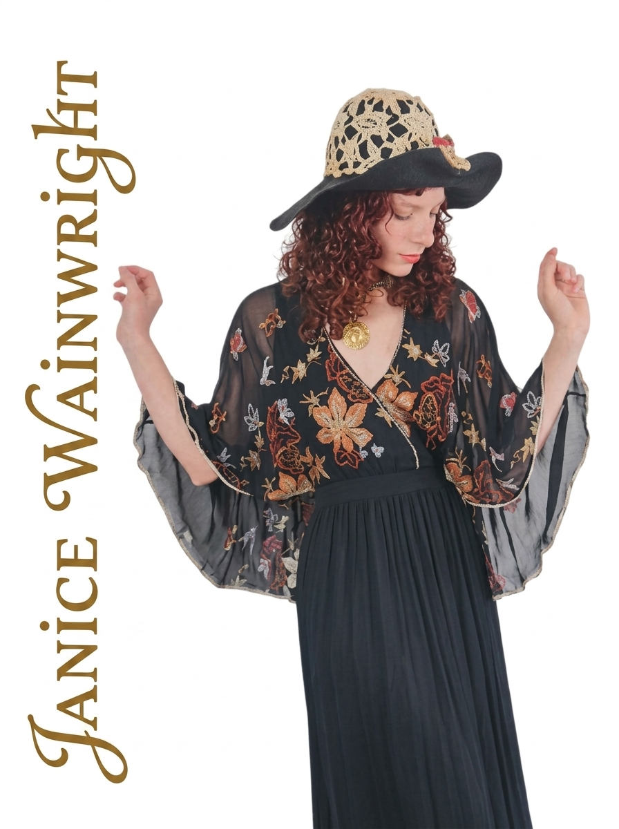 Vintage 1970s Janice Wainwright Maxi Dress Embroidered Butterfly Sleeves Capelet