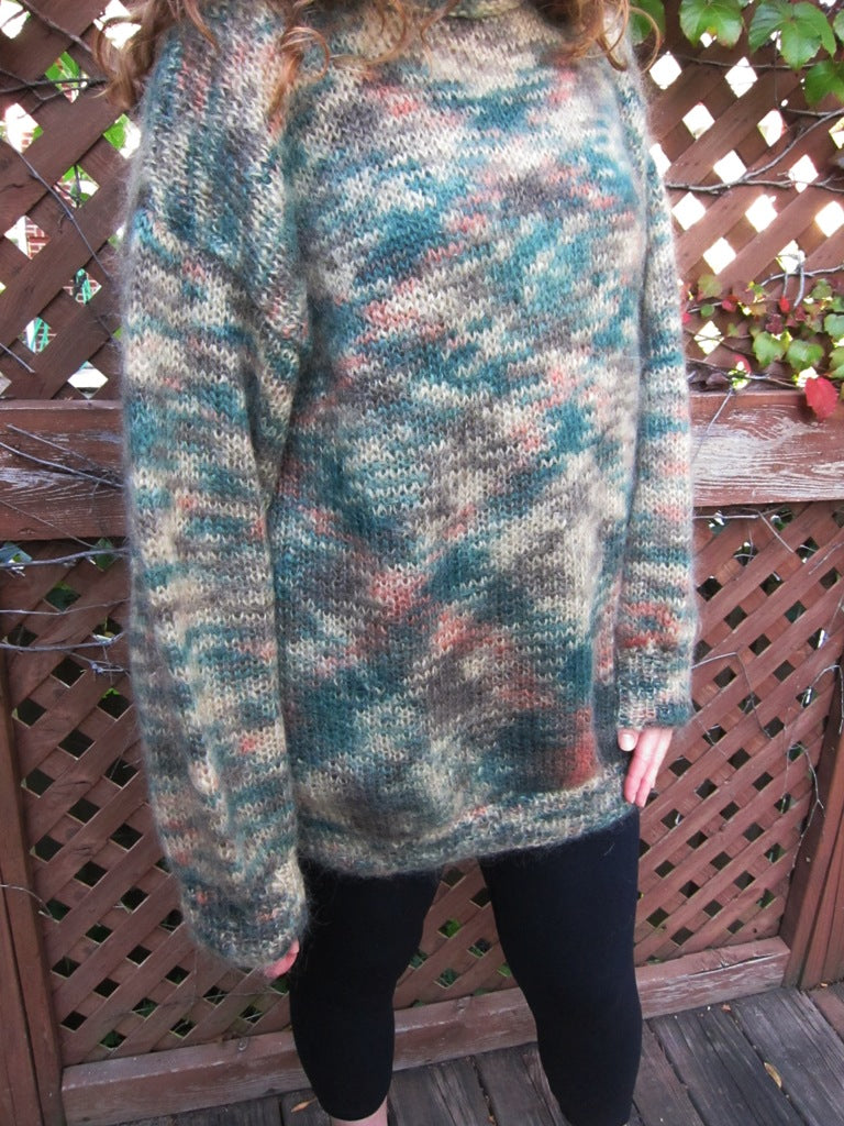 Vintage 80s Oversized Sweater Hand Knit Mohair Green Beige