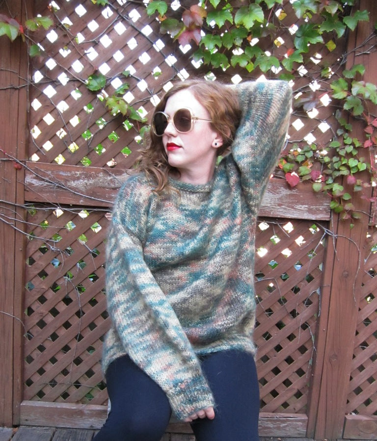 Vintage 80s Oversized Sweater Hand Knit Mohair Green Beige