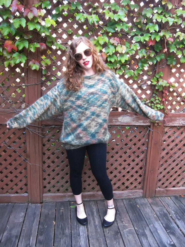 Vintage 80s Oversized Sweater Hand Knit Mohair Green Beige