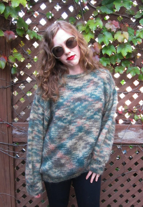 Vintage 80s Oversized Sweater Hand Knit Mohair Green Beige