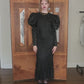 Vintage 80s GALAN0S Couture Dress Black Lace Evening Gown Sculpted Puffed Shoulders