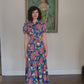 Vintage 30s Blue Floral House Dress Maxi Lounger Puff Sleeve Zip Front XS