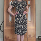 Vintage ORIGINAL 1940s Dress Leslie Fay Black Cream Floral Ribbon Rayon Midi Day