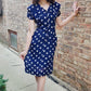 Vintage 40s Rayon Print Dress Navy Blue Polkadot  S