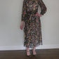Vintage 1970s Dark Floral Print Dress Gauzy Maxi Sash Tie Belt