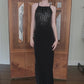 VTG 1990s Y2K Aspeed Dress Black Velvet Rhinestone Studs Halter Maxi Gown Prom M
