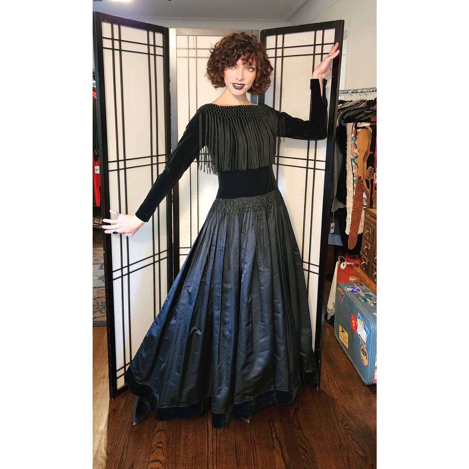 Vintage 70s Bill Blass Evening Dress Black Velvet Satin Fringe RareJule Vintage Vintage 70s Bill Blass Evening Dress Black Velvet Satin Fringe RareJule Vintage