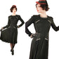 Vintage 40s Black Rayon Cocktail Dress with Cream Embroidery Medium