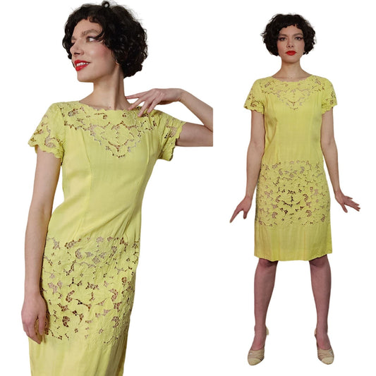 Vintage 60s Yellow Summer Dress Cut Lace 20s Style
