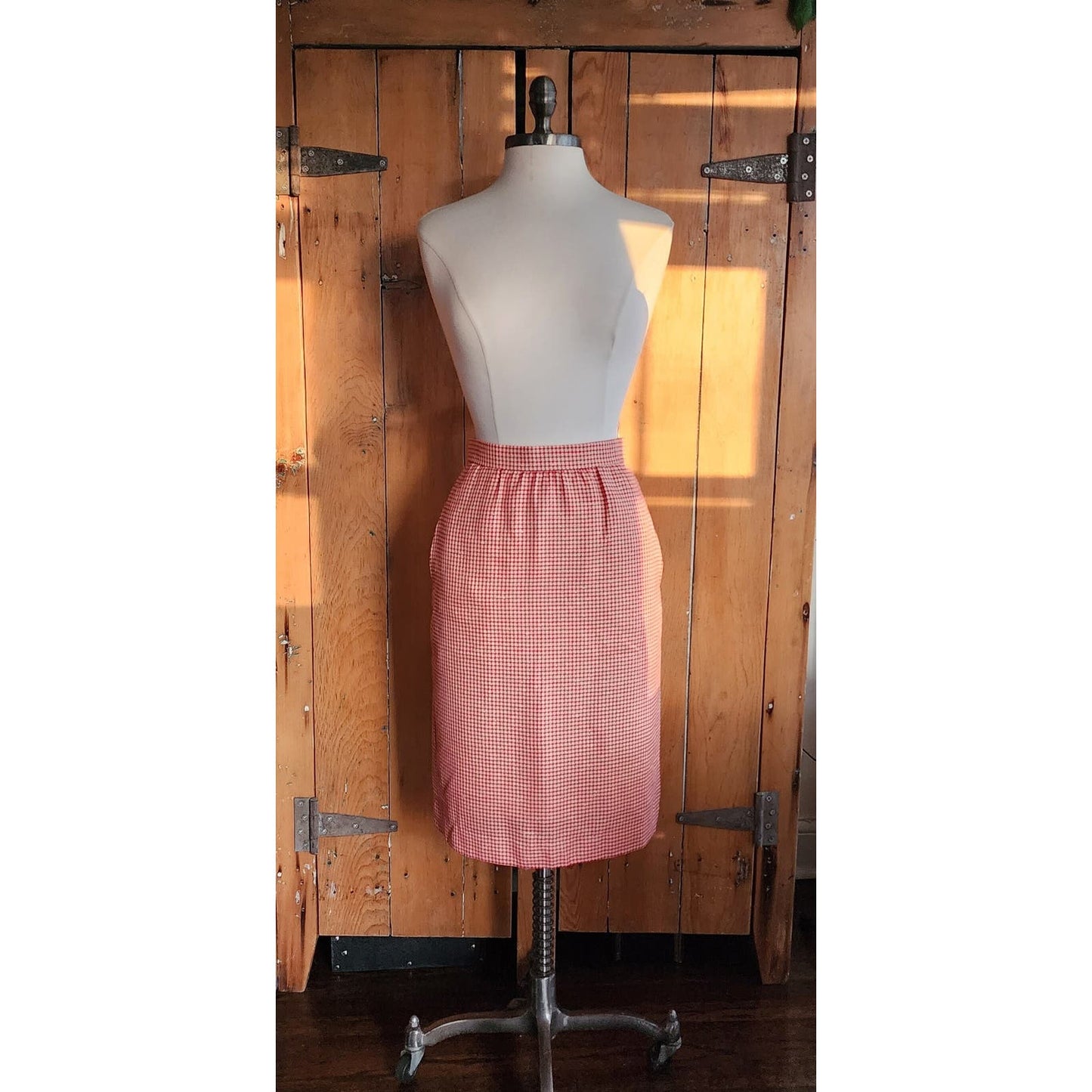 70s Burberrys Skirt Red White Checked Midi Length