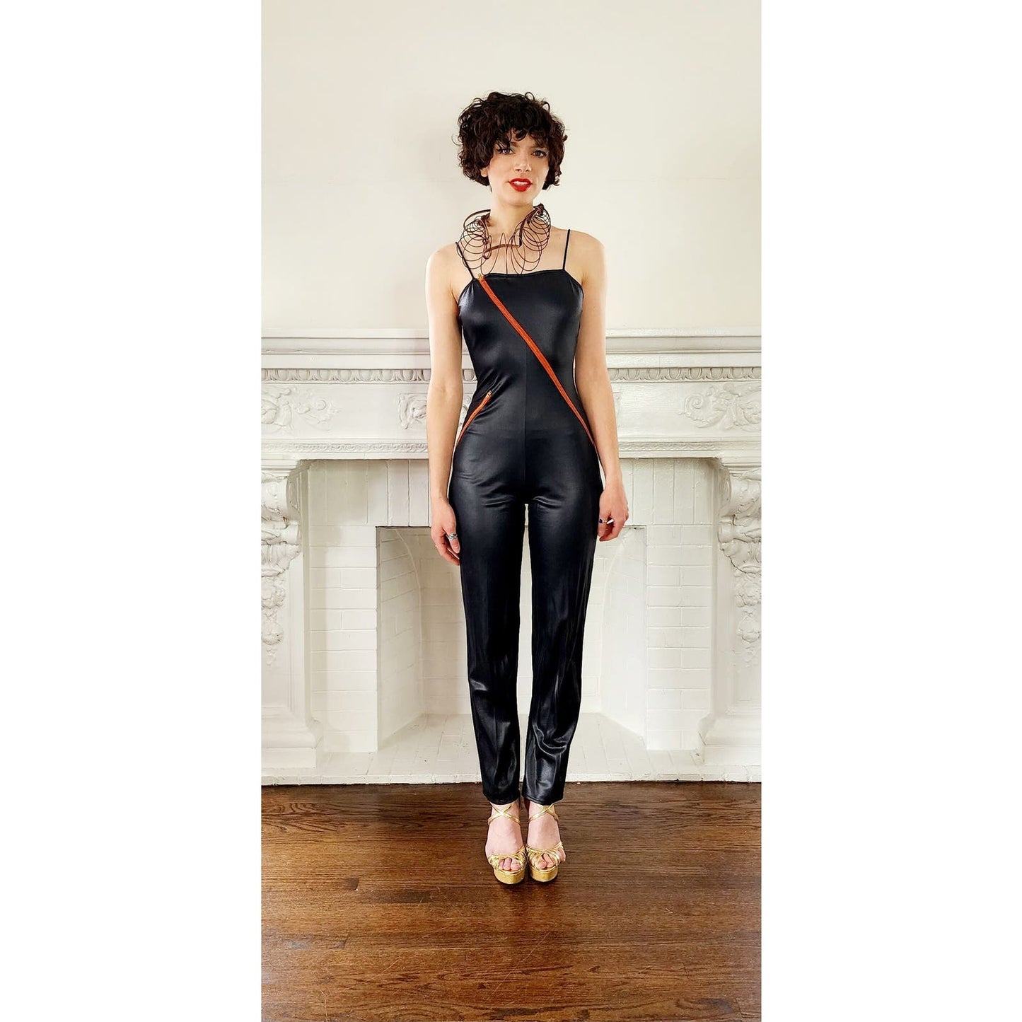 Vintage 80s Black Bodysuit Red Zippers Fredericks of Hollywood Skintight Jumpsuit