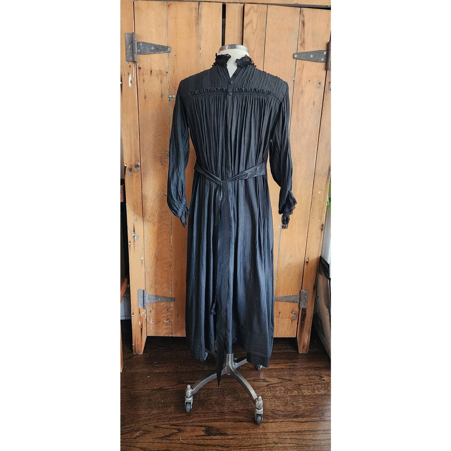 Antique 1910s Black Day Dress Long Sleeves Pleated Cotton Edwardian M