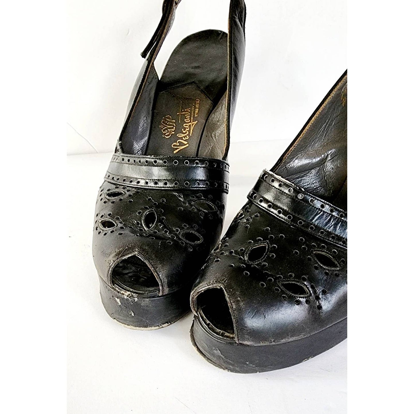 Vintage 40s Shoes Black Leather Slingbacks High Heel Beleganti Size 7