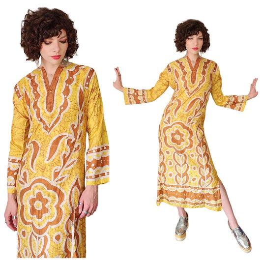 Vintage 60s Caftan Dress in Yellow Brown Psychedelic Print