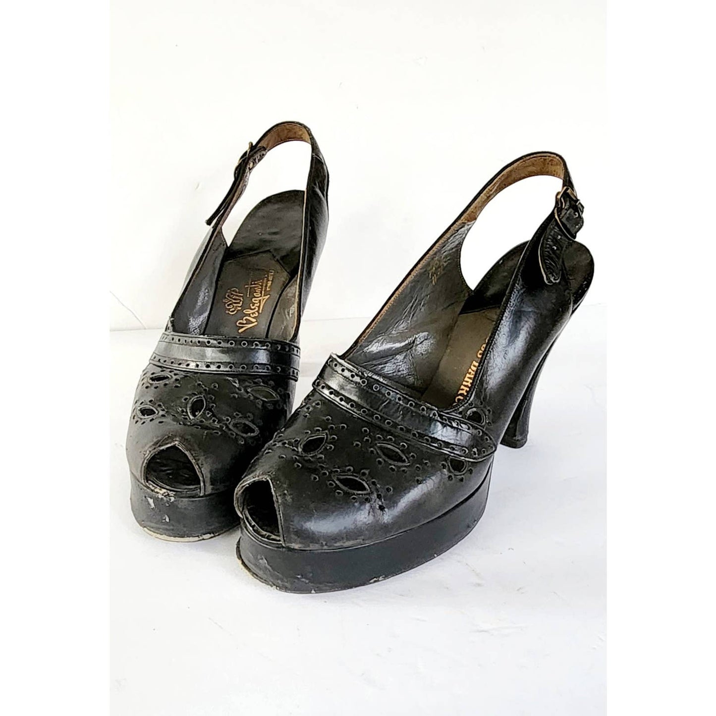 Vintage 40s Shoes Black Leather Slingbacks High Heel Beleganti Size 7