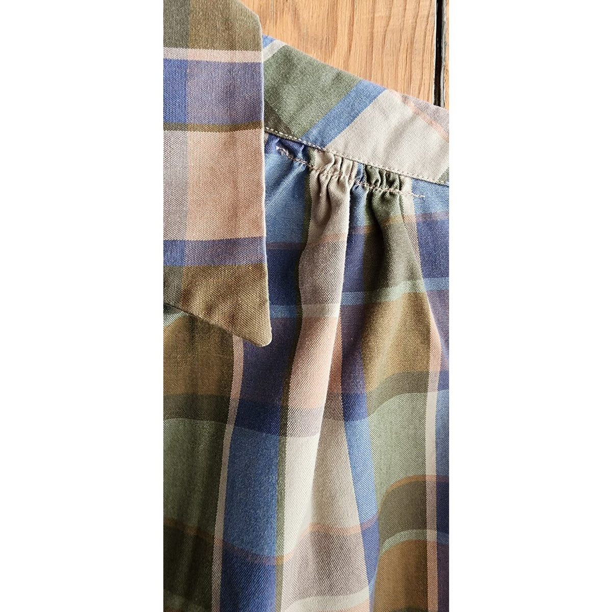 Vintage 60s Maternity Blouse Plaid Print Blue Beige