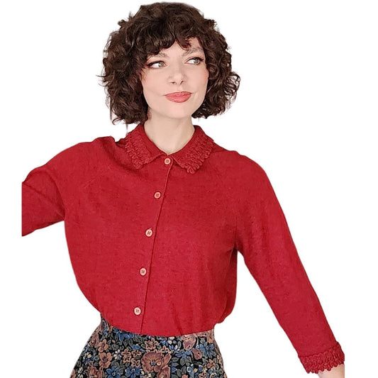 Vintage 50s Cranberry Red Wool Cardigan by Glasgo