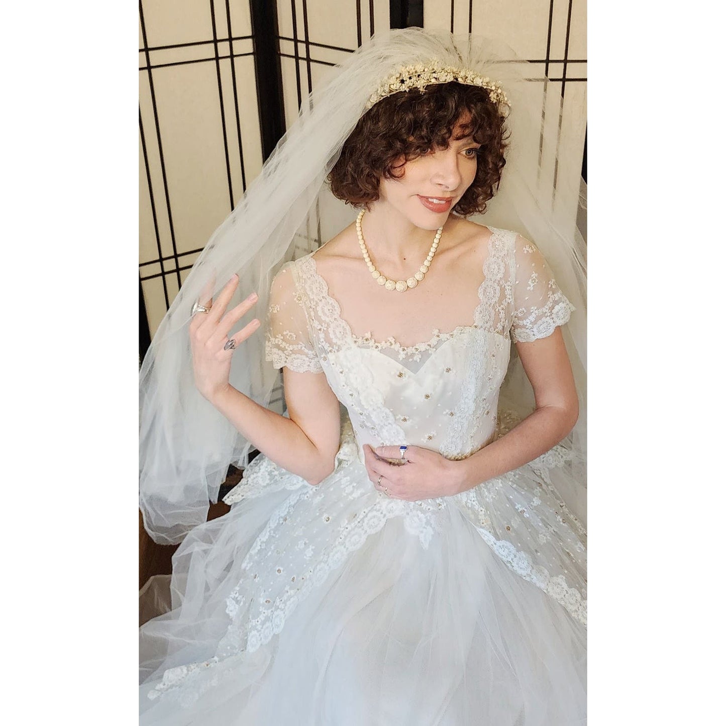 50s White Lace Wedding Dress w/Veil + Garter Marshall Fields