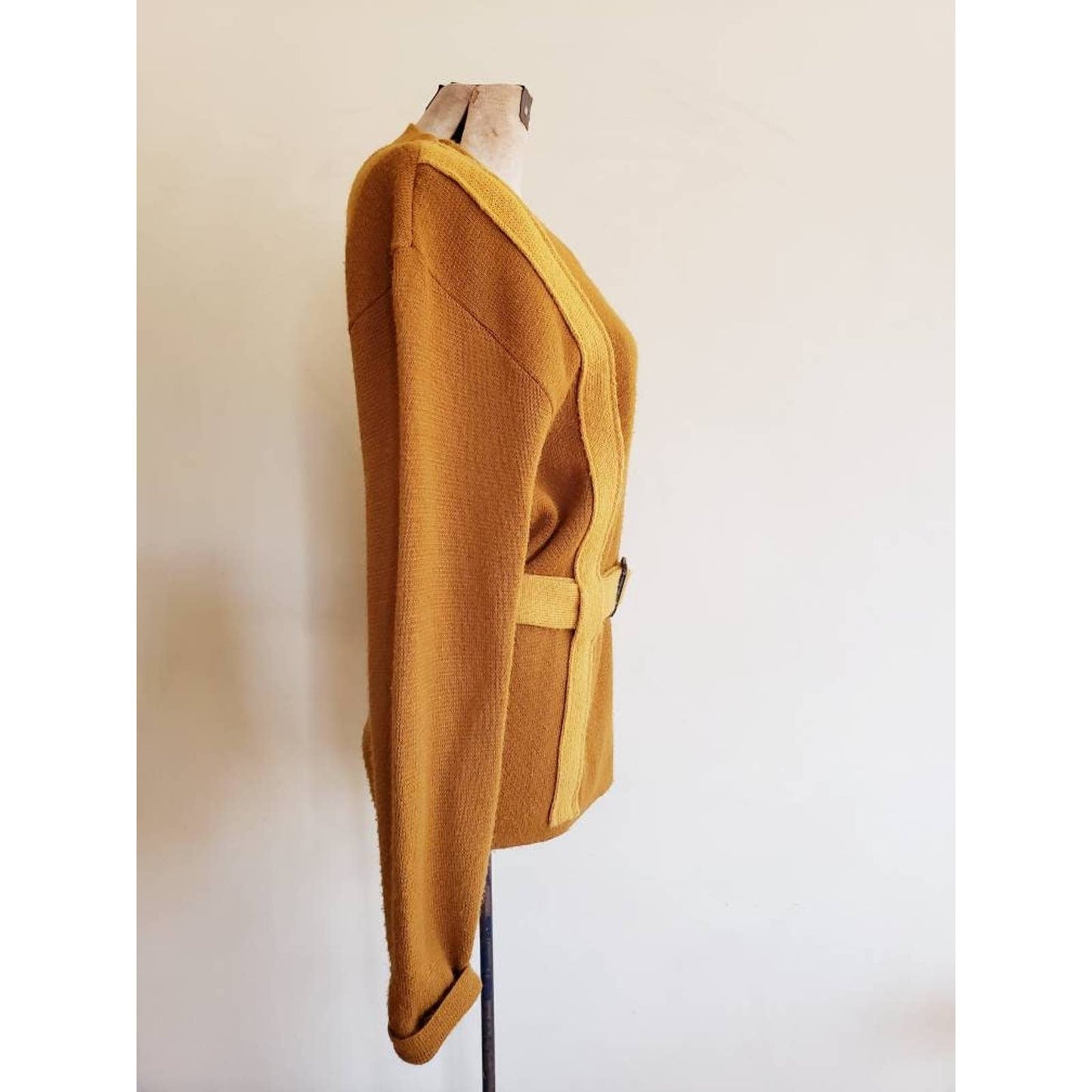 Vintage 70 Mens Sweater Mustard Yellow Sweater Adjustable Buckle Belt