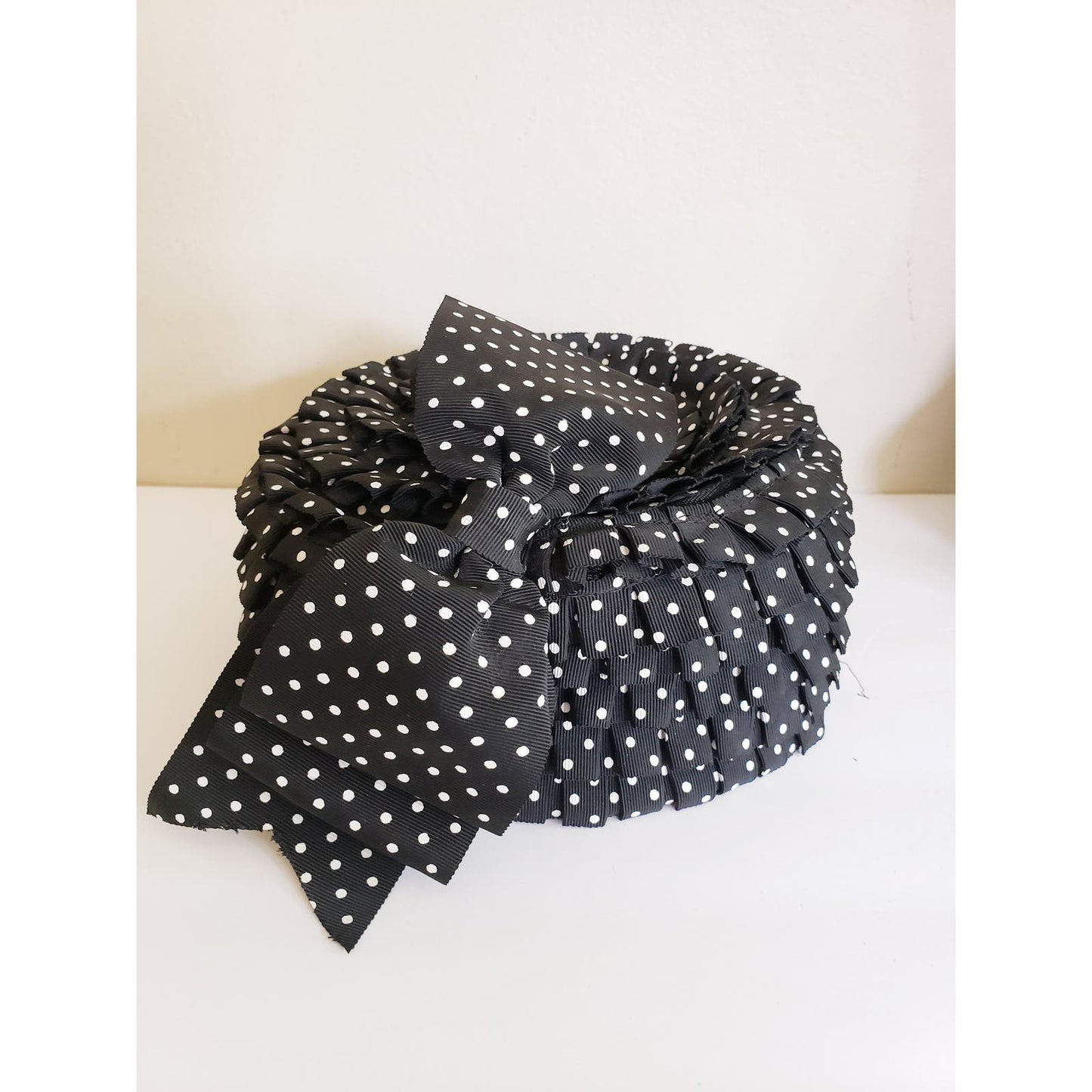 Vintage 60s Hat Black White Polka Dot Print Mod Toque Bow Ruffles
