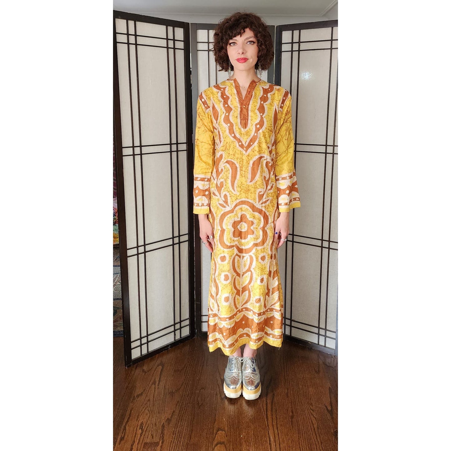 Vintage 60s Caftan Dress in Yellow Brown Psychedelic Print
