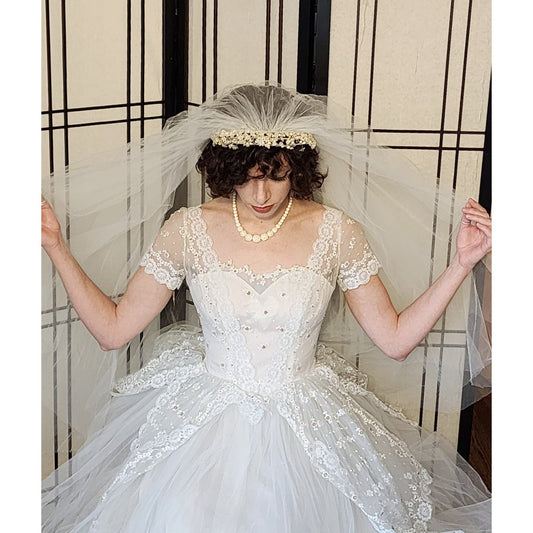 50s White Lace Wedding Dress w/Veil + Garter Marshall Fields