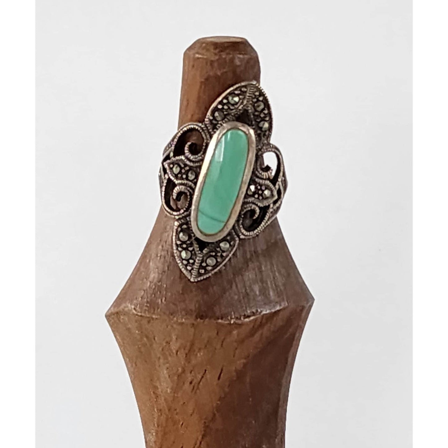 Vintage Neo Edwardian Turquoise Ring Silver Marquisite 6
