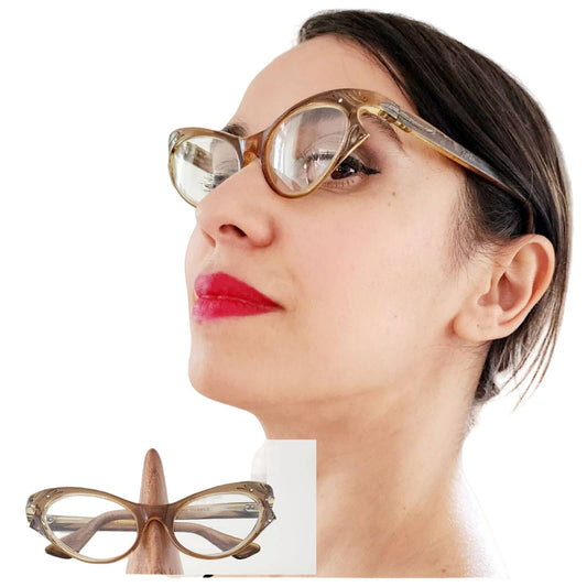 Vintage 50s Cat Eye Glasses Light Brown Frames Made in France