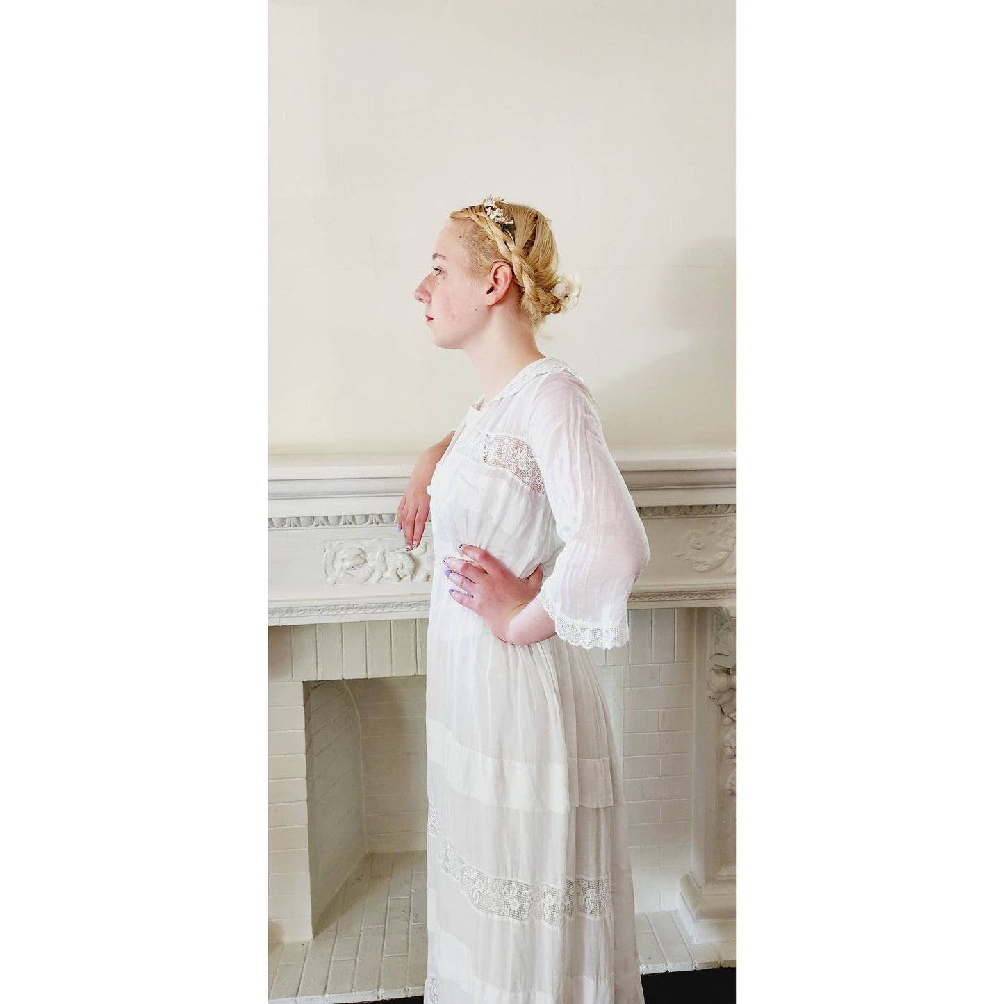 Edwardian White Cotton Tea Dress Sailor Collar Mildred