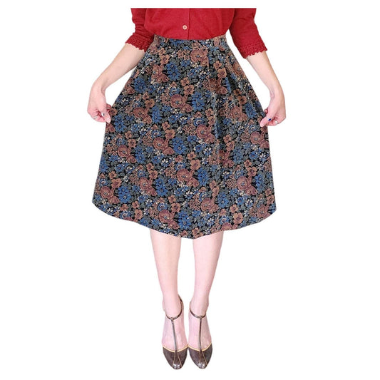 Vintage 70s Corduroy Skirt Floral Print Brown Blue