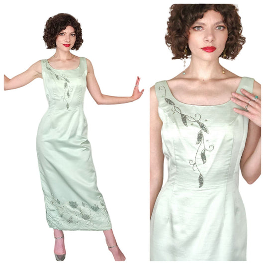 Vintage 60s Pale Green Evening Dress Beaded Sequined Silk L