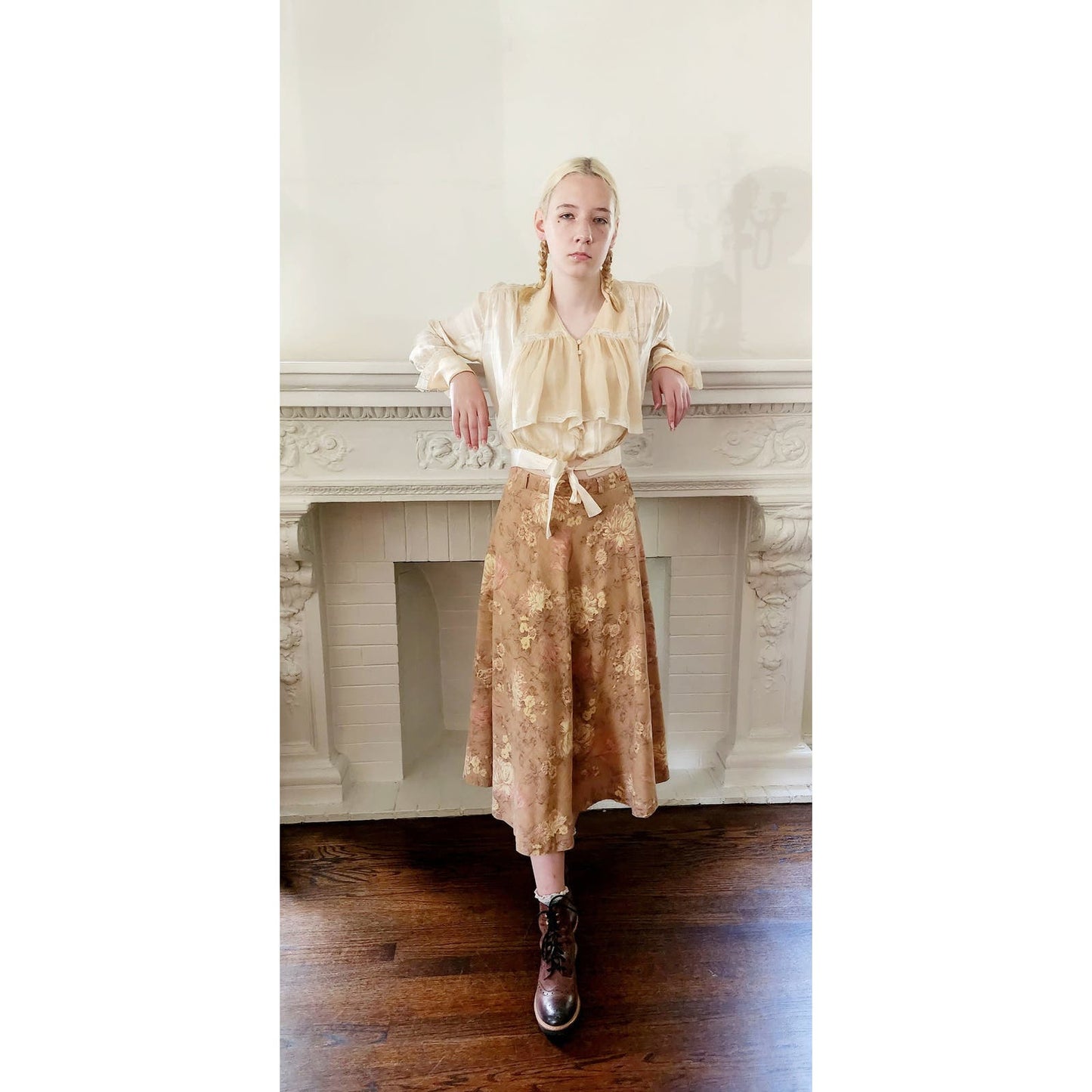 Vintage 70s Long Floral Print Skirt Peach Canvas