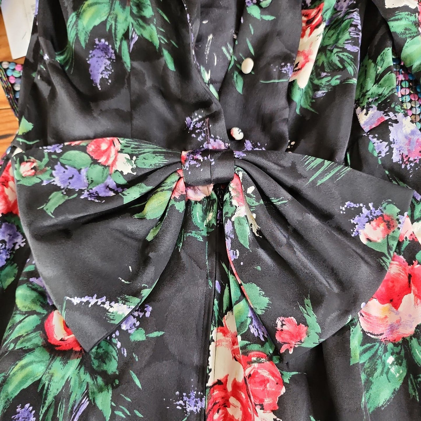 Vintage 80s Dark Floral Print Silk Dress Maggy London Long Sleeved