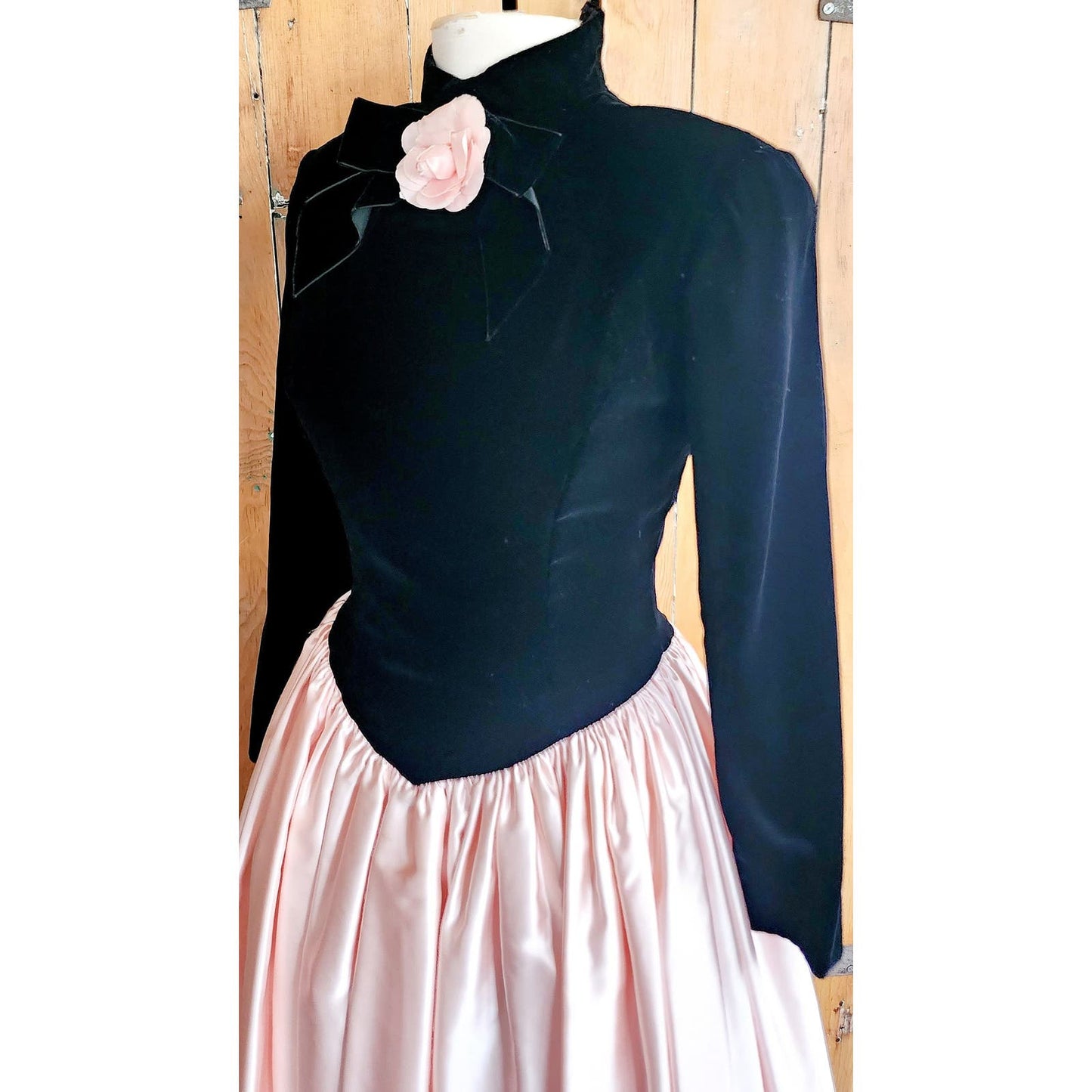 Vintage 80s Victor Costa Dress Black Velvet Pink Satin