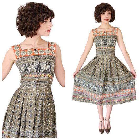 Vintage 70s Sun Dress Multicolored Cotton Print Hal Hardin