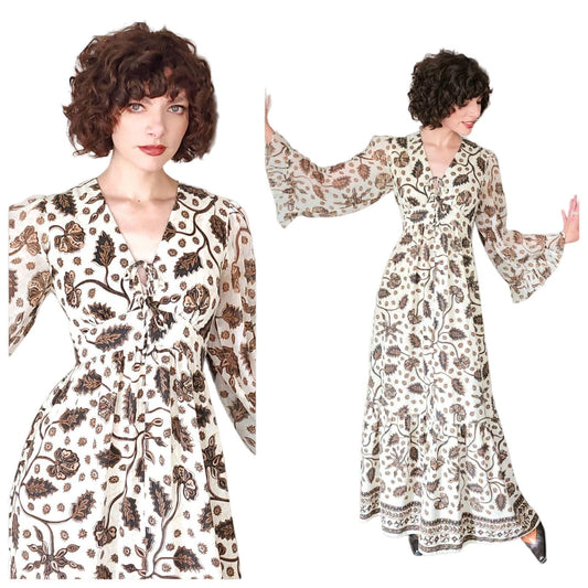 Vintage 70s India Cotton Maxi Dress Cream Brown Boho Floral Print
