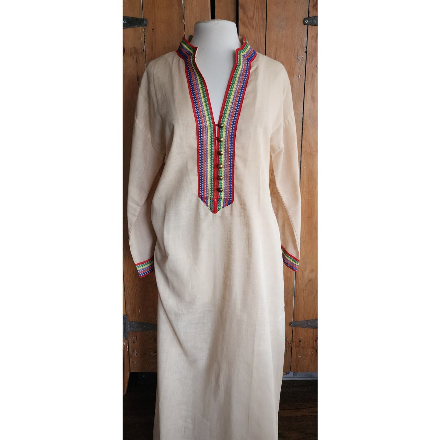 Vintage 70s Beige Maxi Caftan Dress Maxi Embroidered Lounger Sears