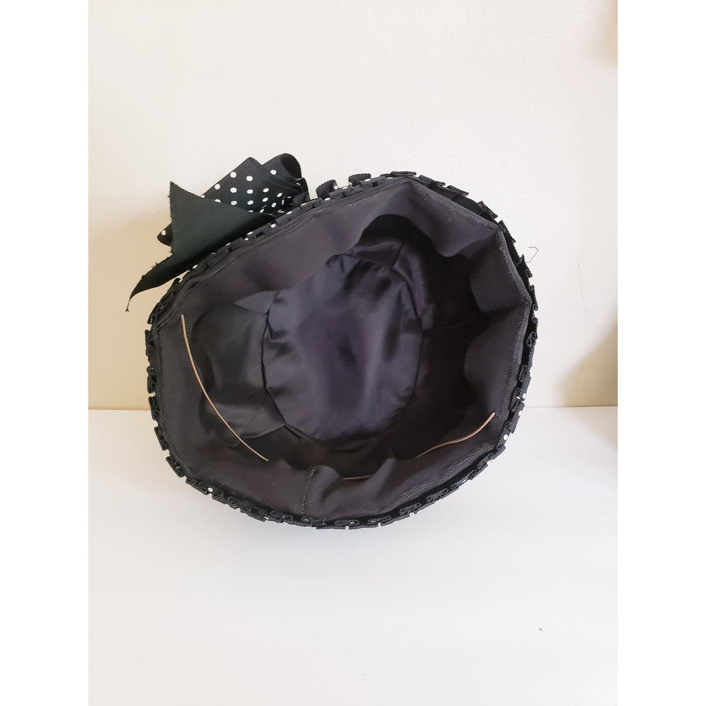 Vintage 60s Hat Black White Polka Dot Print Mod Toque Bow Ruffles