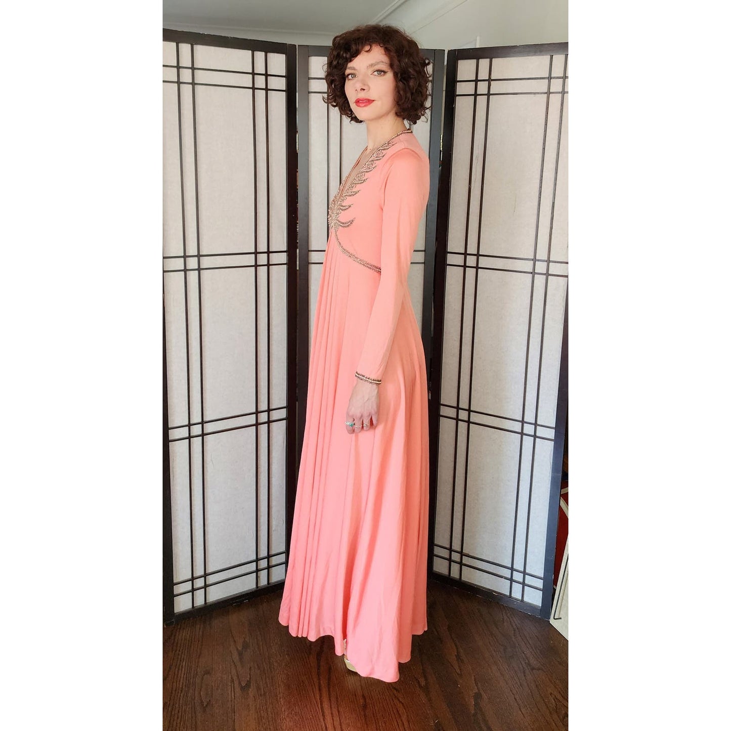 Vintage 70s Maxi Dress Peach Pink Pearls Sequins Jack Bryan / S