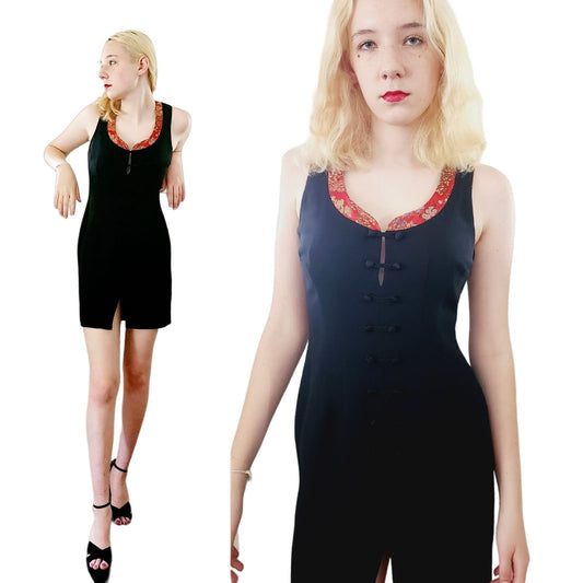 Vintage 90s Nicole Miller Party Dress Black w/Red Chinese Trim