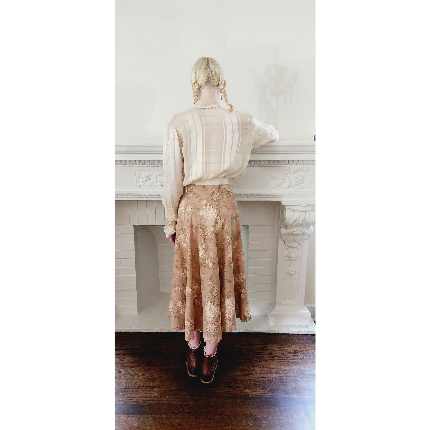 Vintage 70s Long Floral Print Skirt Peach Canvas