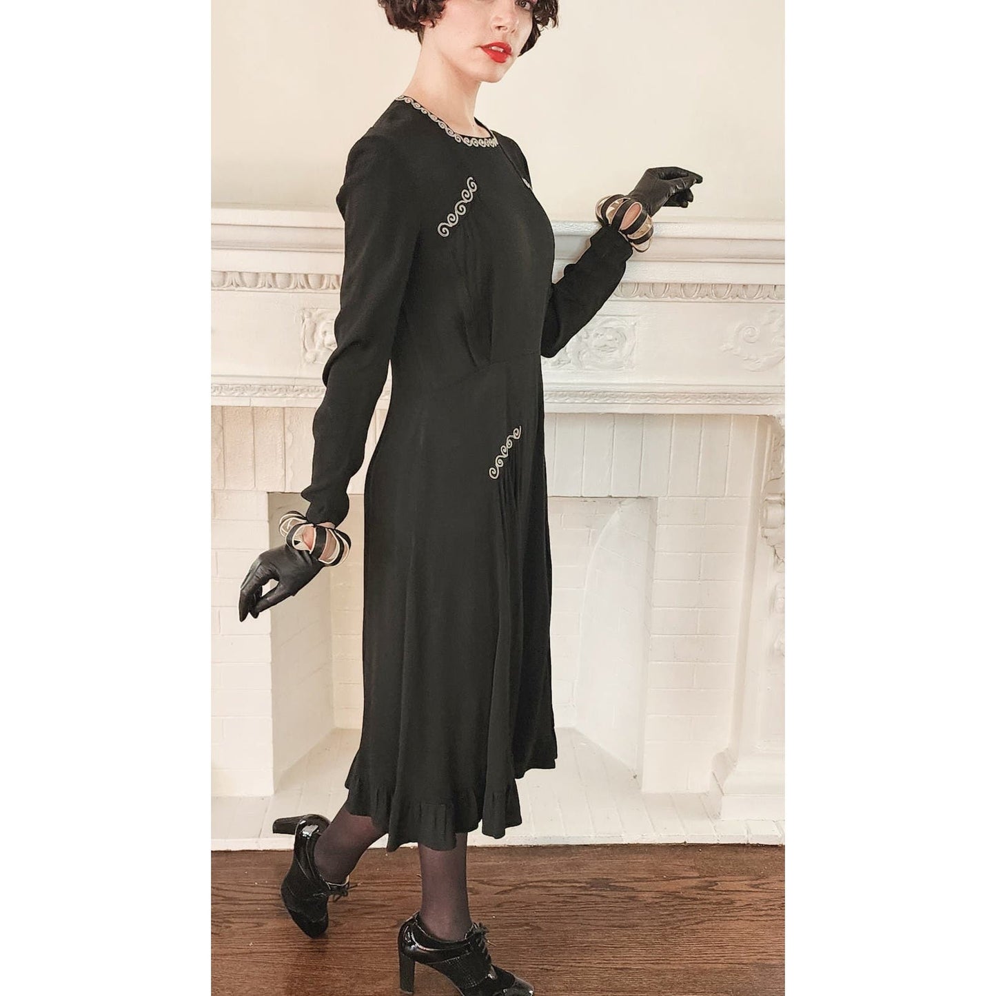 Vintage 40s Black Rayon Cocktail Dress with Cream Embroidery Medium