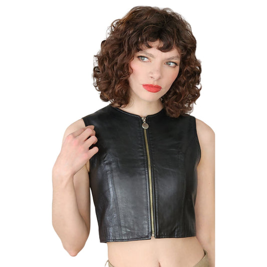 Vintage Y2K Black Leather Vest Zip Front Crop Top by Cayenne