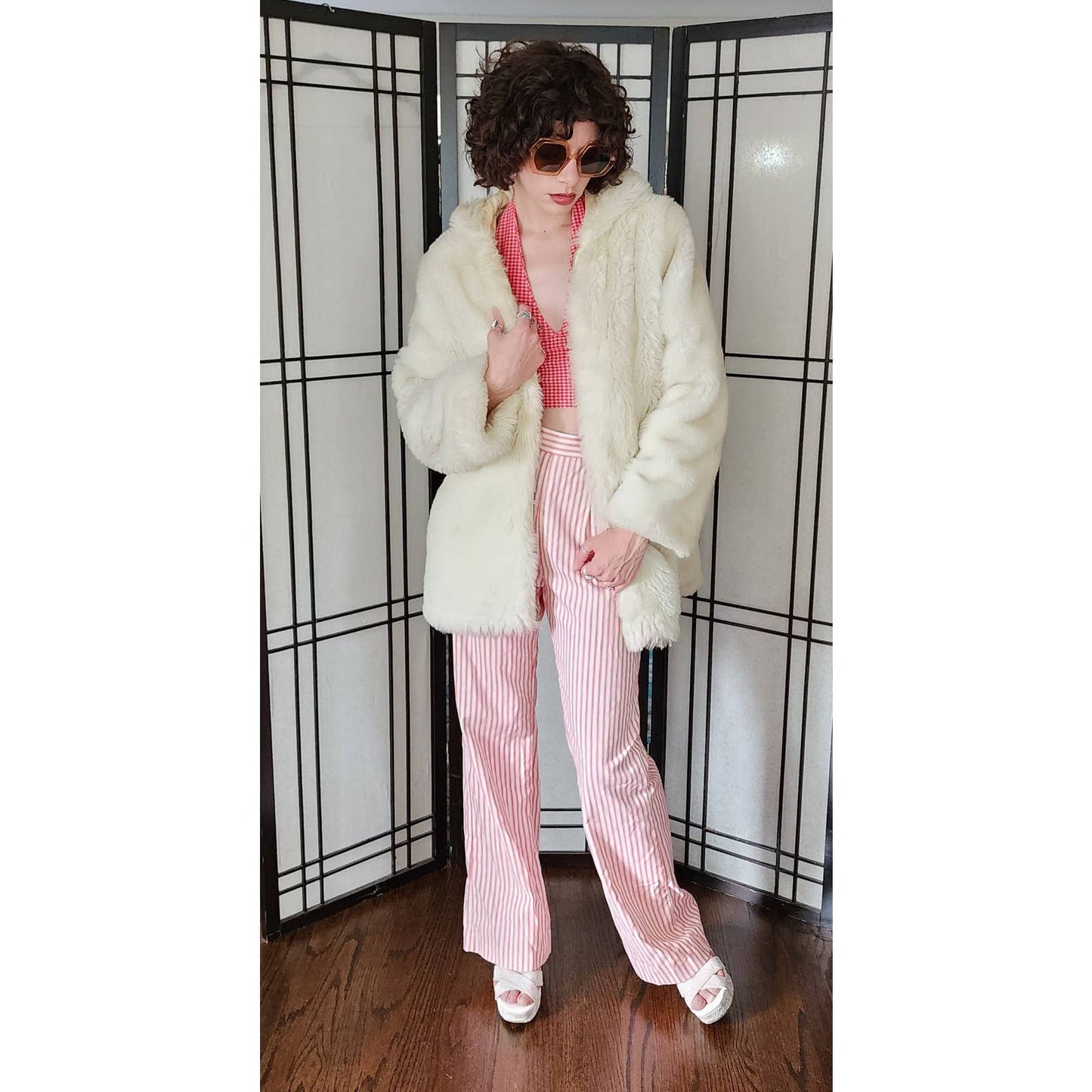 Vintage 70s Faux Fur Jacket Shaggy White Stag Hooded