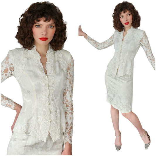 Vintage 80s White Skirt Suit Brocade Lace Bridal Wedding Scott McClintock